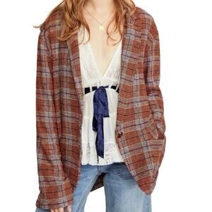 Free People Simply Plaid Boyfriend Blazer Size Medium Oversized Relaxed Linen